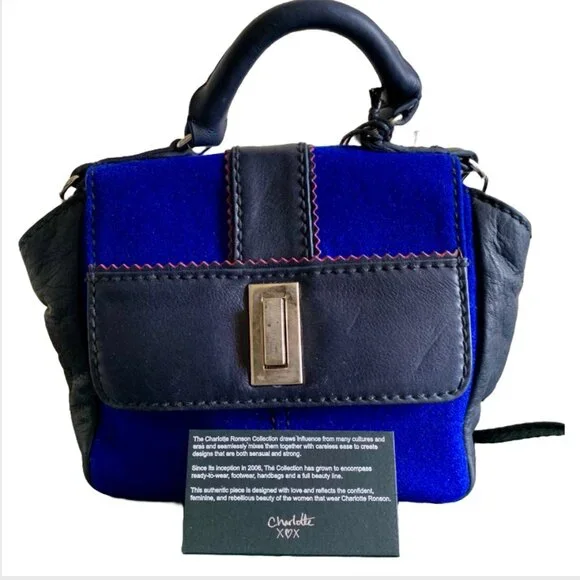 NWT Charlotte Ronson Navy Blue Wool & Black Leather Panel Crossbody Handbag - Picture 2 of 11